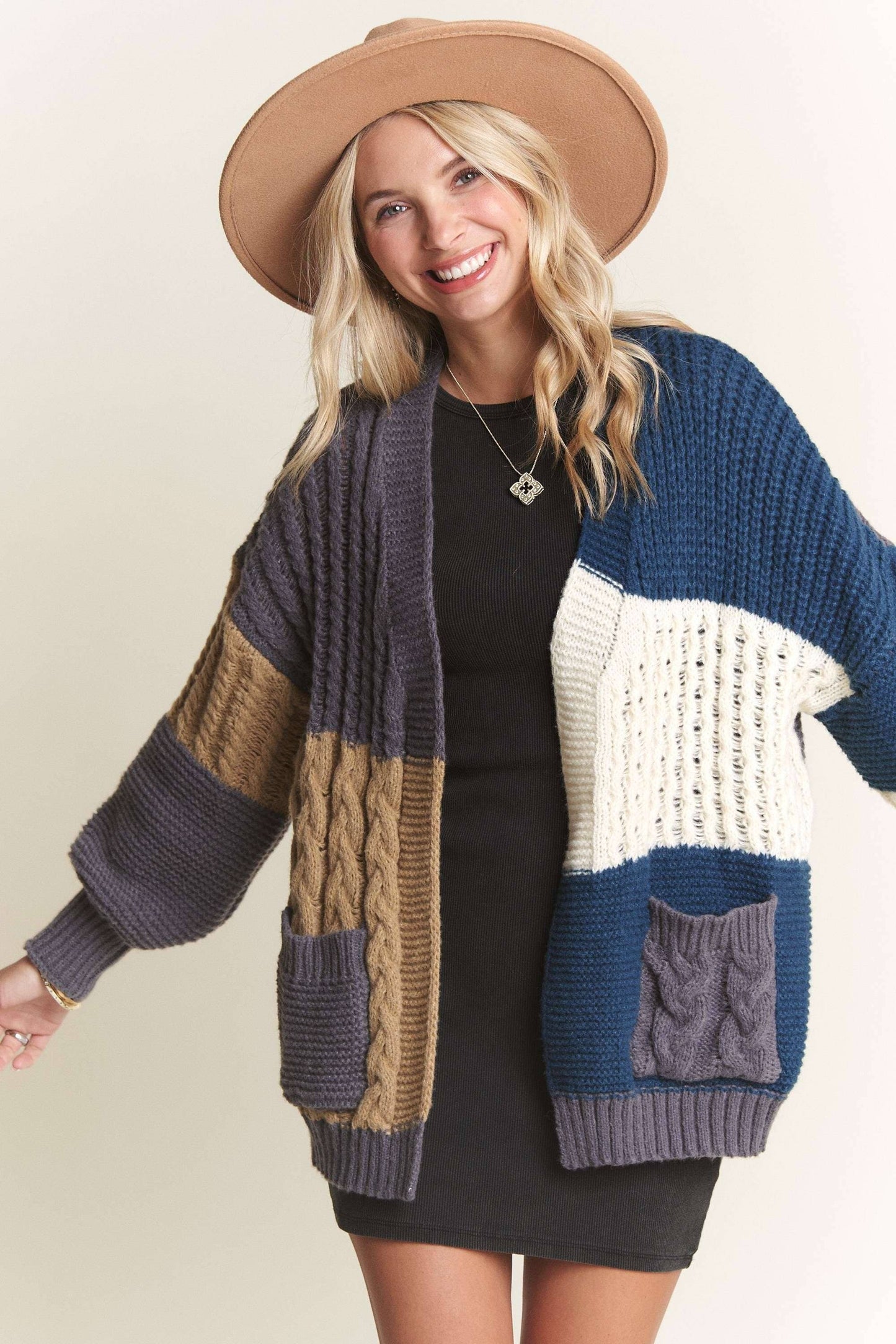 Puff Sleeves Colorblock Sweater Cardigan