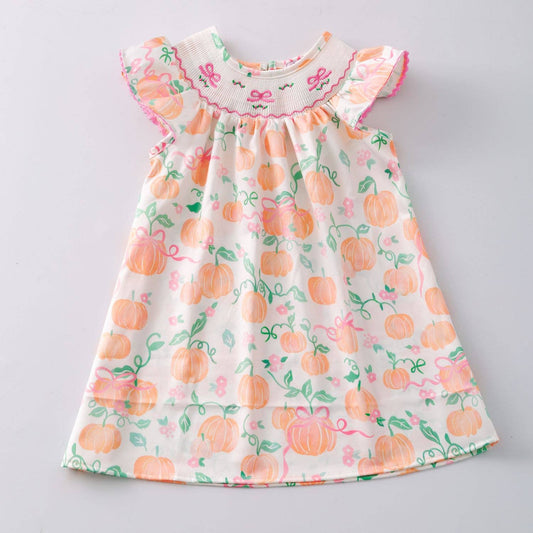 Peachy Pumpkin Smocked Girls Dress