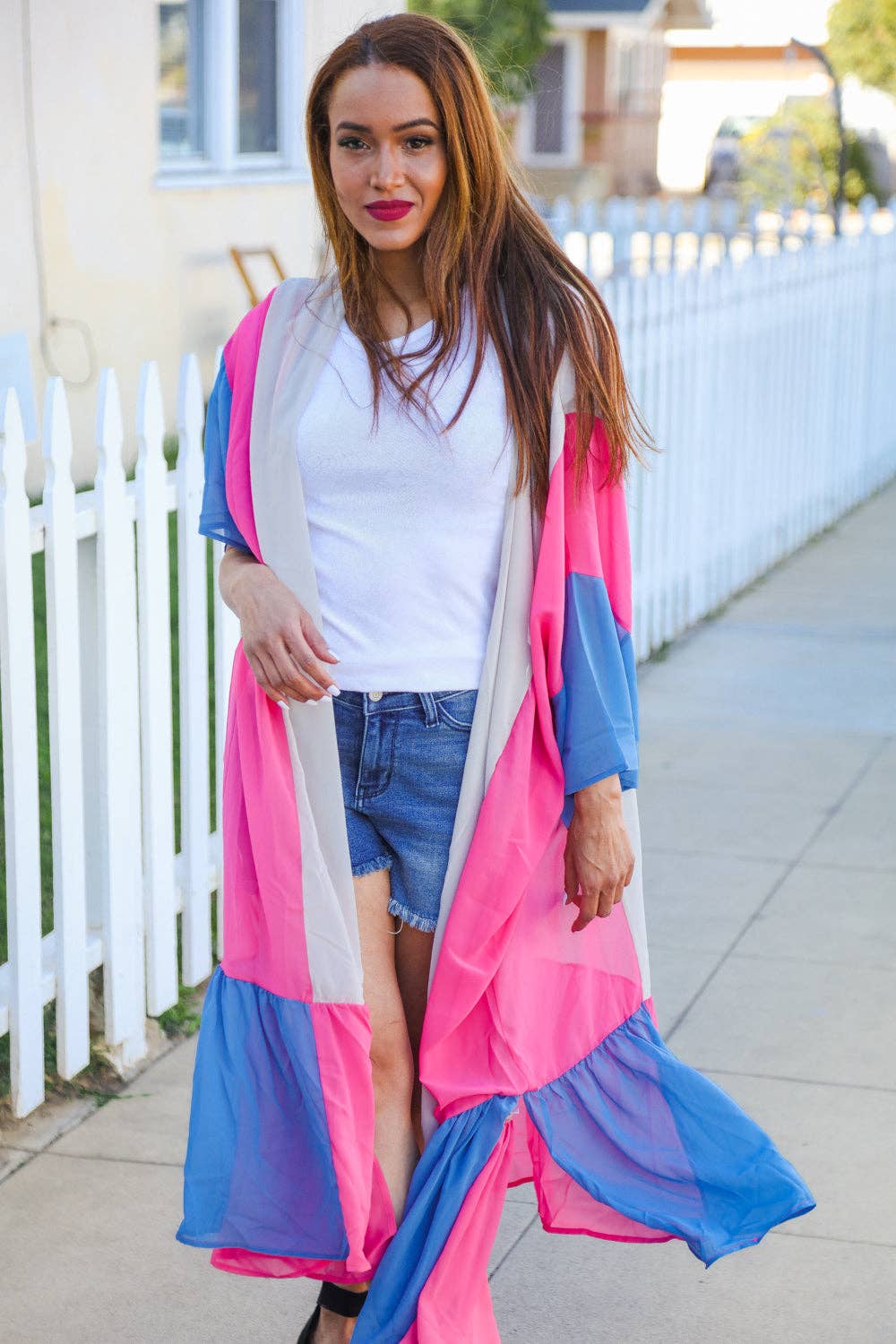 Taupe & Fuchsia Color Block Ruffle Hem Kimono