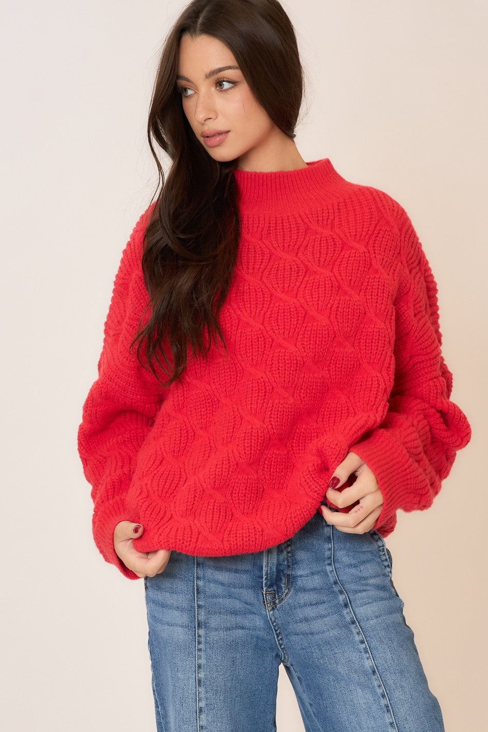 Braid Cable Knit Mock Neck Sweater