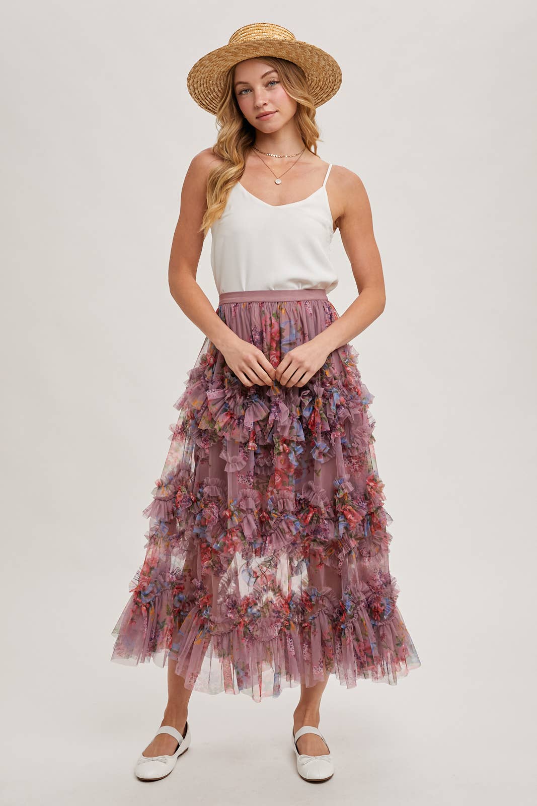 FLORAL RUFFLED MESH MIDI SKIRT