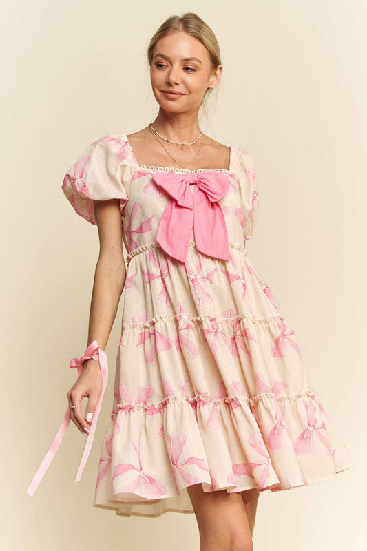 BOW PRINTED PUFF SMOCKING BACK TIERED DRESS