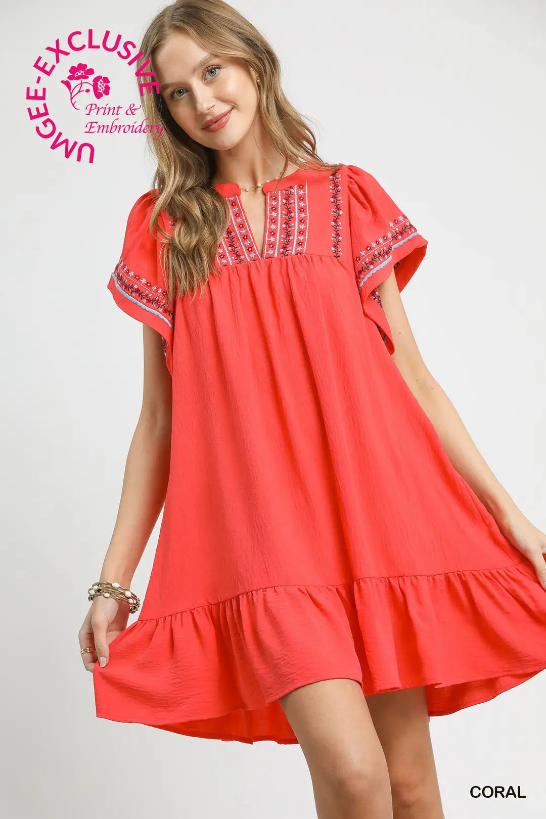 Embroidered Flutter Sleeve Babydoll Dress