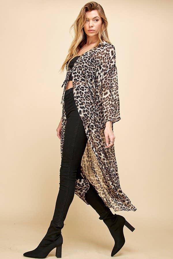 Women's Cheetah Animal Print Drawstring Long Kimono, Brown