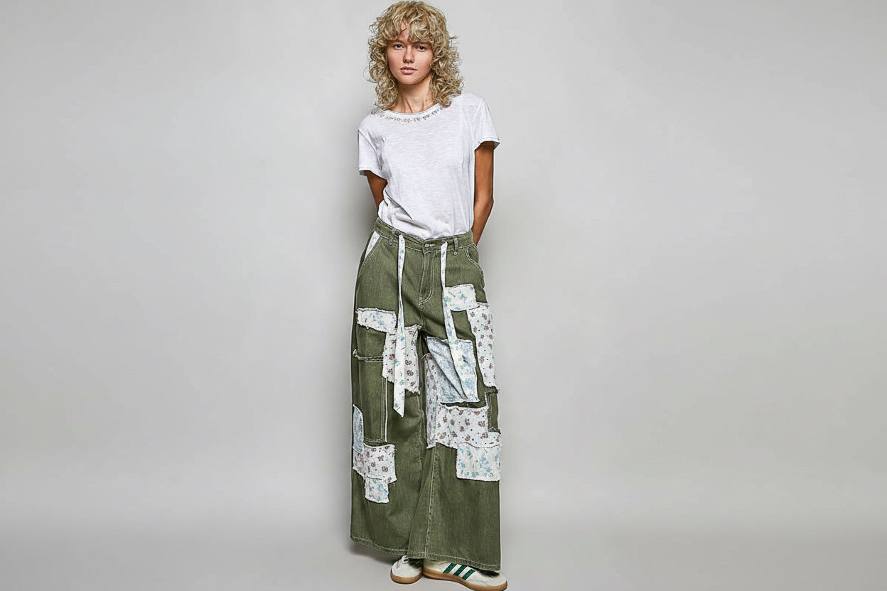 Patchwork Detail Denim Straight Fit Pants