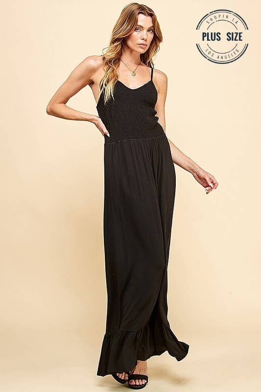 Plus Size Solid Sleeveless Smocked Maxi Dress, Black