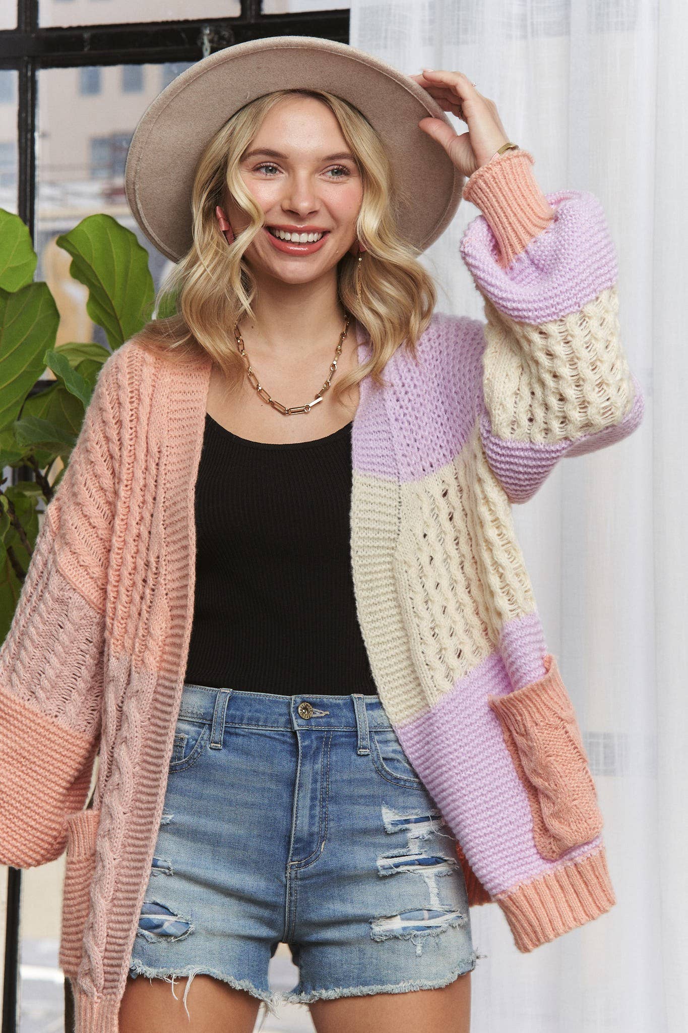 Puff Sleeves Colorblock Sweater Cardigan