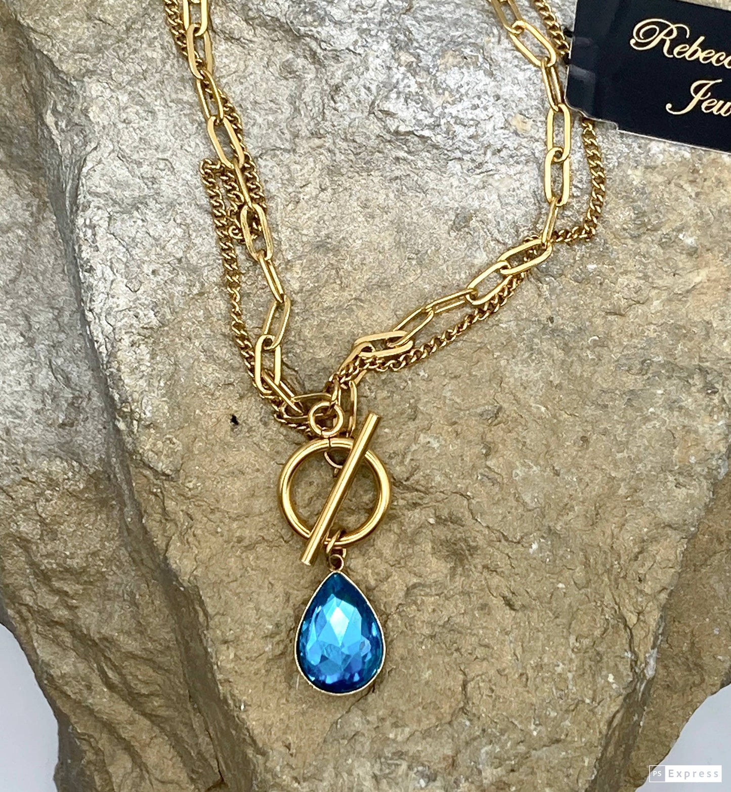 Gold Double Strand Toggle Necklace with Crystal Teardrop