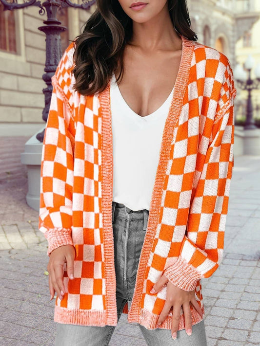 Checkered Open Front Drop Shoulder Cardigan |