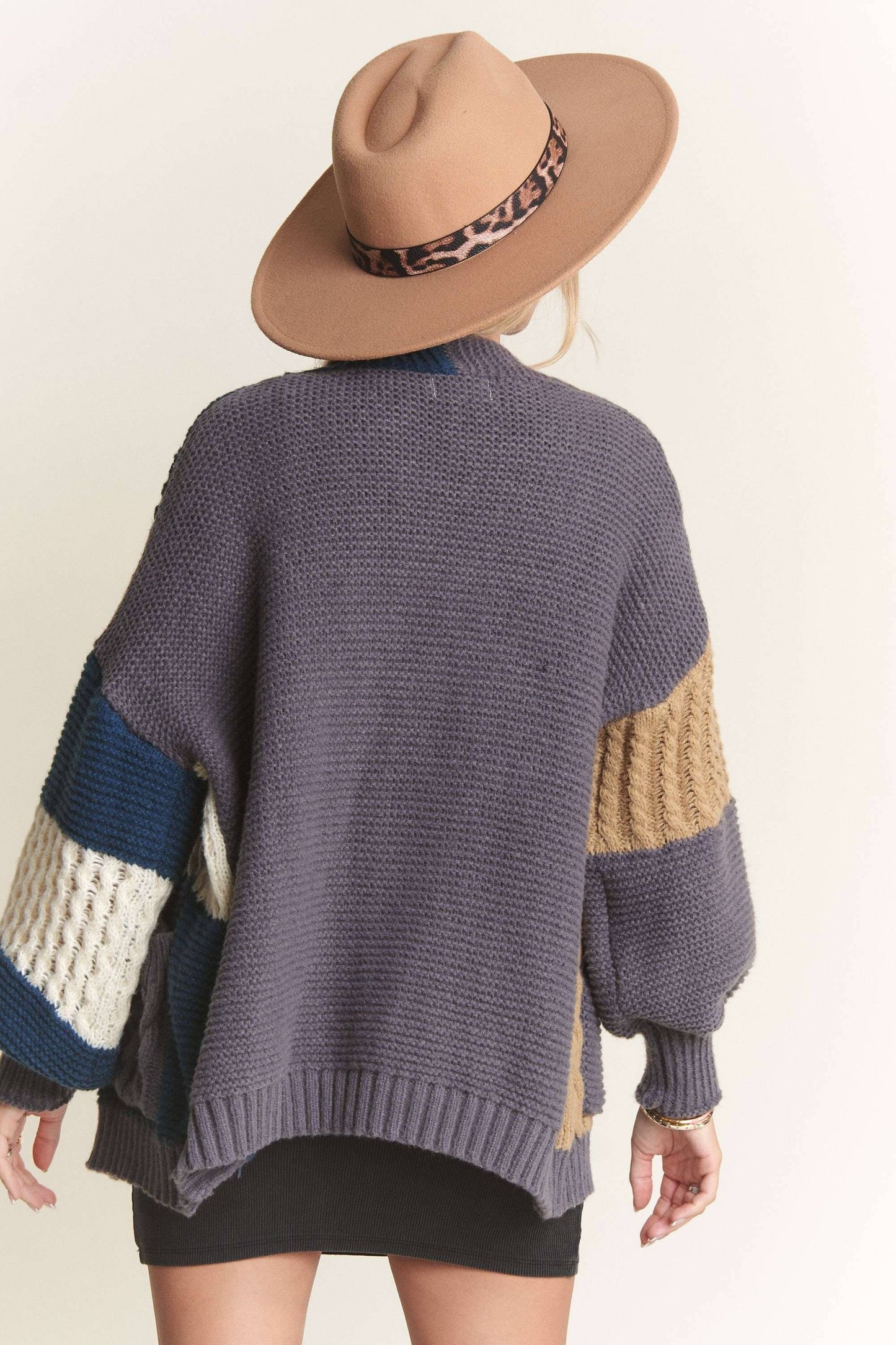 Puff Sleeves Colorblock Sweater Cardigan