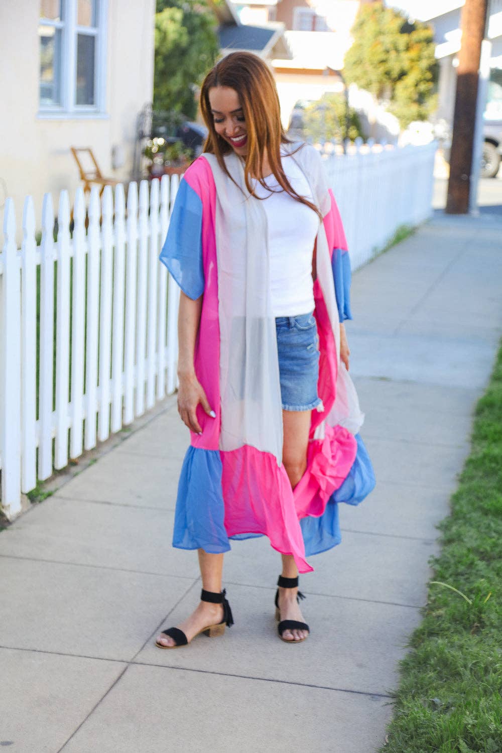 Taupe & Fuchsia Color Block Ruffle Hem Kimono