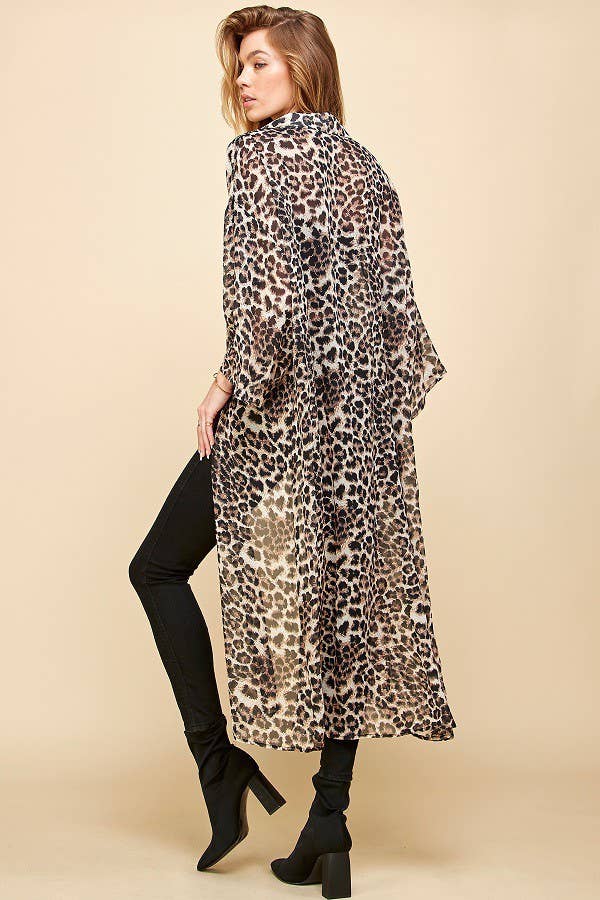 Women's Cheetah Animal Print Drawstring Long Kimono, Brown