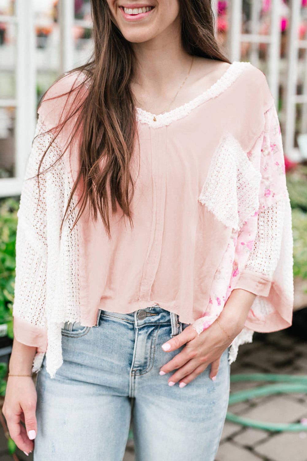 Delicacy Floral Lace Crochet Patchwork Batwing Sleeve Blouse