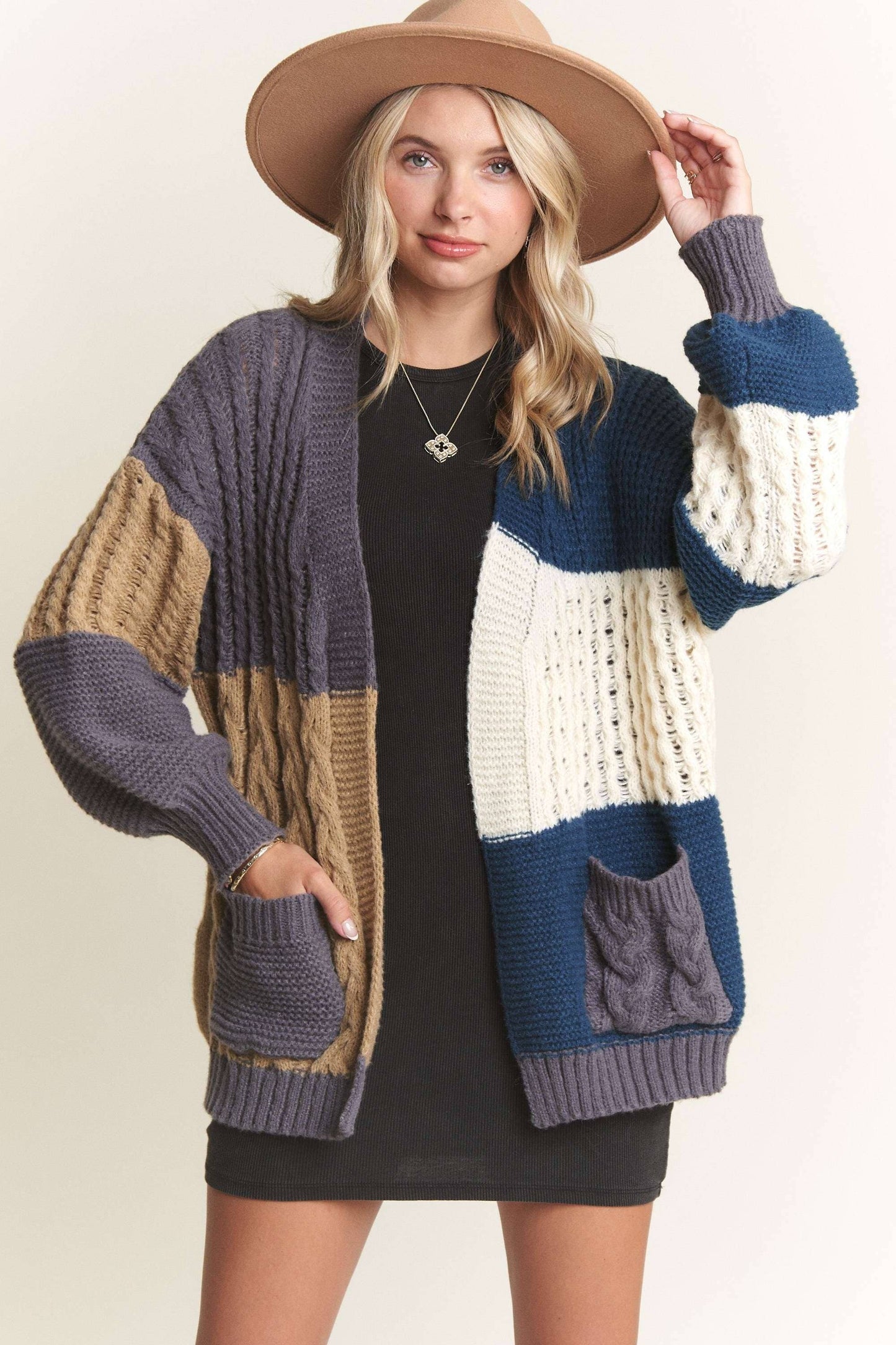 Puff Sleeves Colorblock Sweater Cardigan