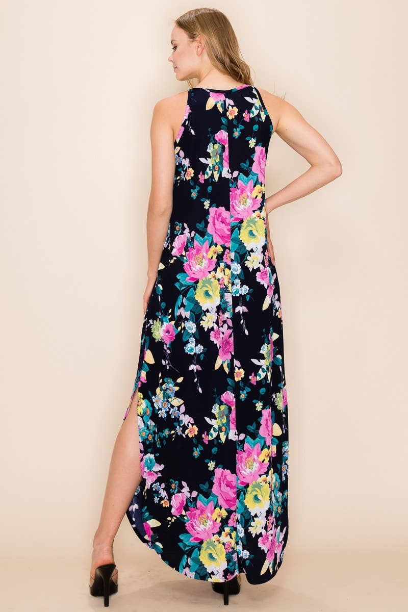 Women's Plus Navy/Yellow Floral Summer Sleeveless Maxi Dress