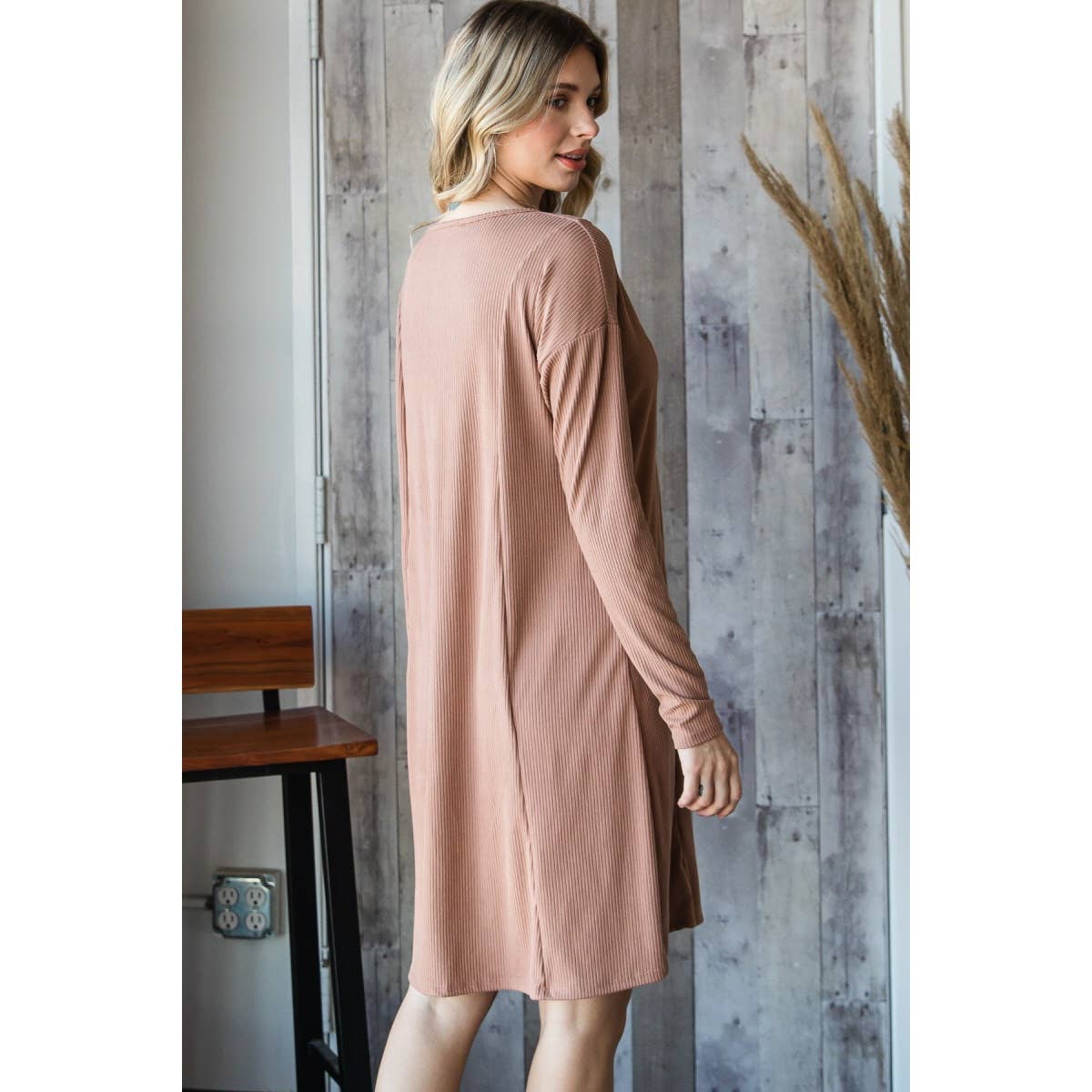 Ribbed Front Button Trim V Neckline Dress