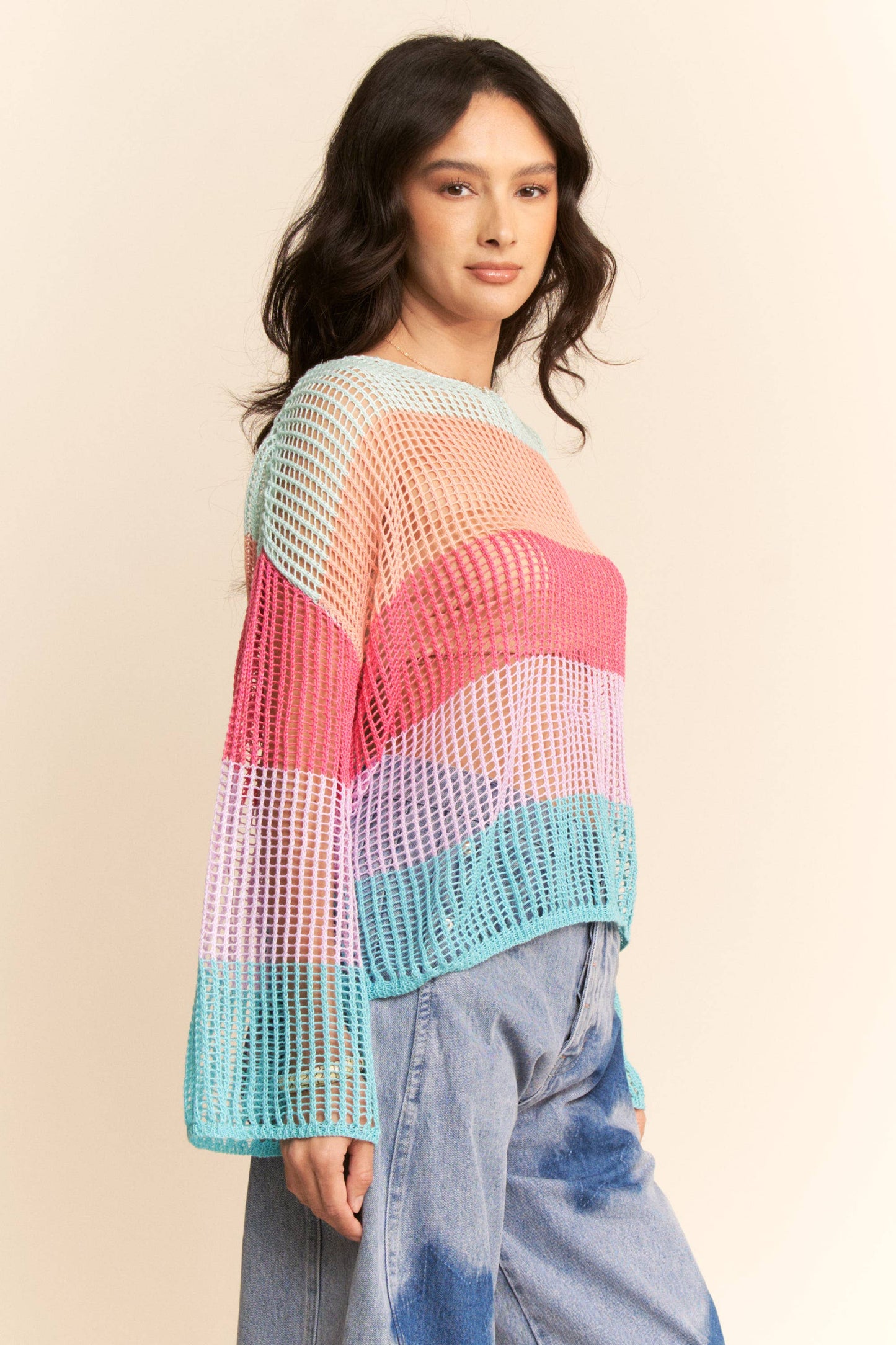 STRIPED WIDE OPENING SLEEVE PULLOVER COVER UP TOP