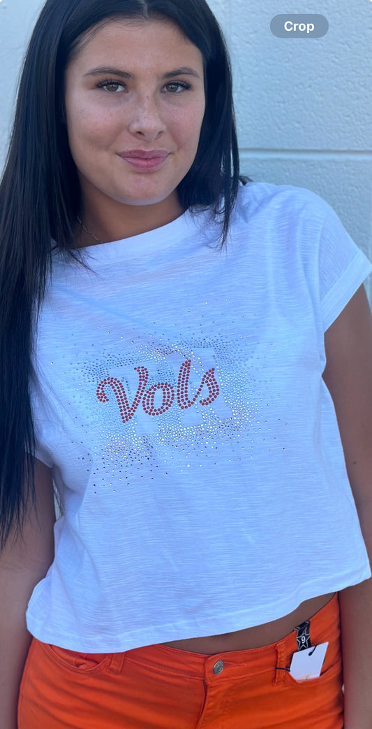 White Vols Rhinestone Crop Top
