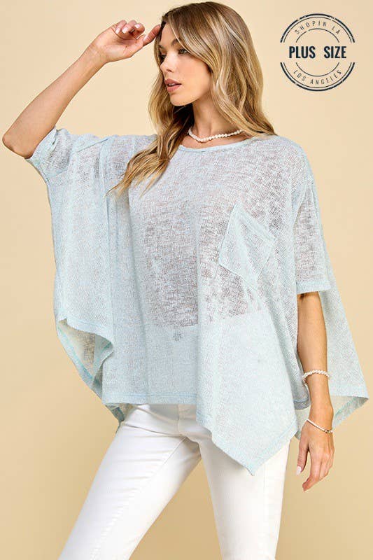 Plus Size Solid Sheer Dolman Short Sleeve Pancho, Light Blue