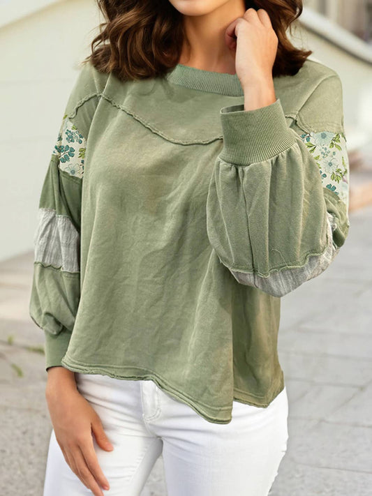 Floral Plaid Mixed Sleeve Raw Edge Relaxed French Terry Top