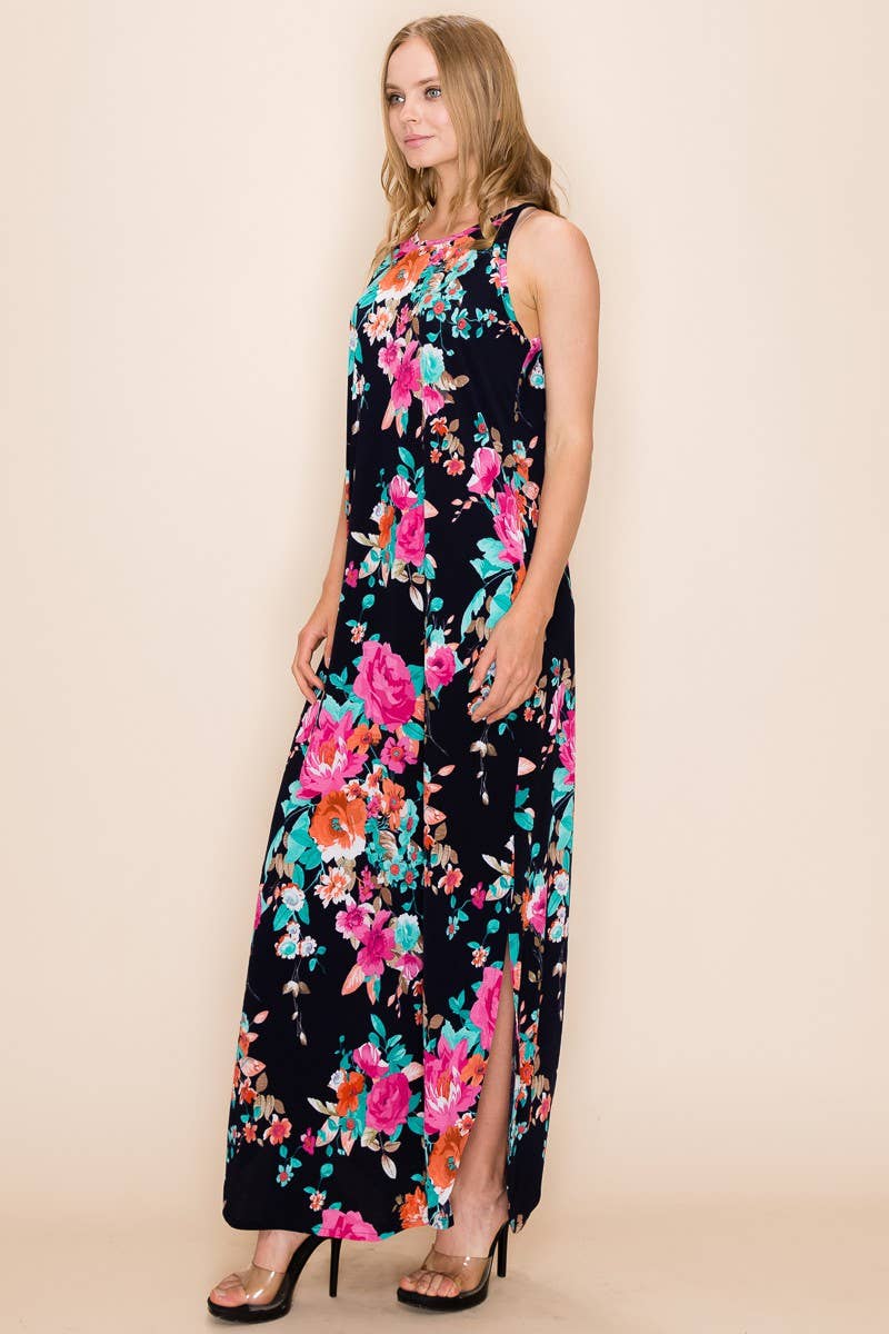 Women's Navy/Orange Floral Summer Sleeveless Maxi Dress