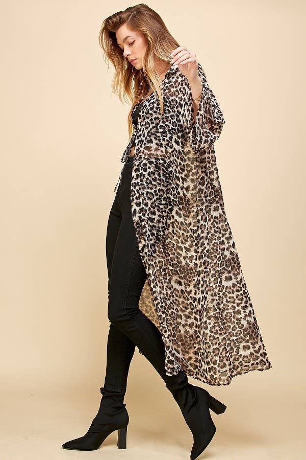 Women's Cheetah Animal Print Drawstring Long Kimono, Brown