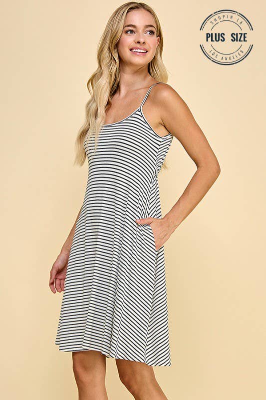 Plus Size Striped Sleeveless Midi Dress w/ Back Tie, Ivory/Black