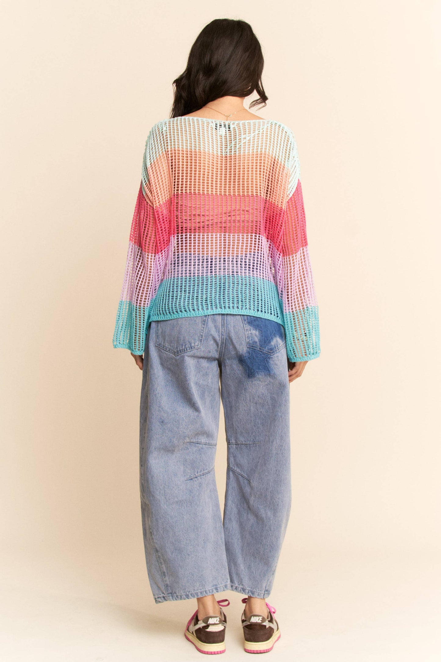 STRIPED WIDE OPENING SLEEVE PULLOVER COVER UP TOP