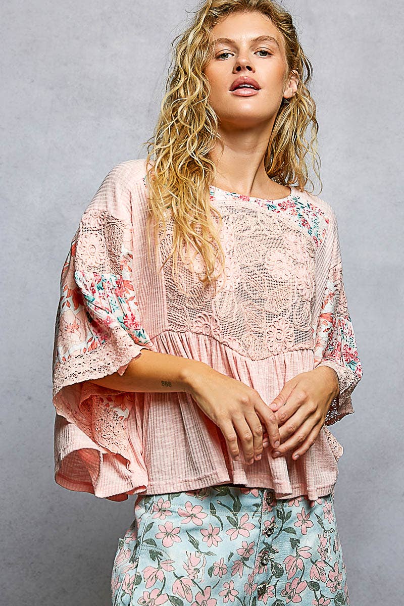 Rib Floral Pattern Round Neck Short Sleeve Top