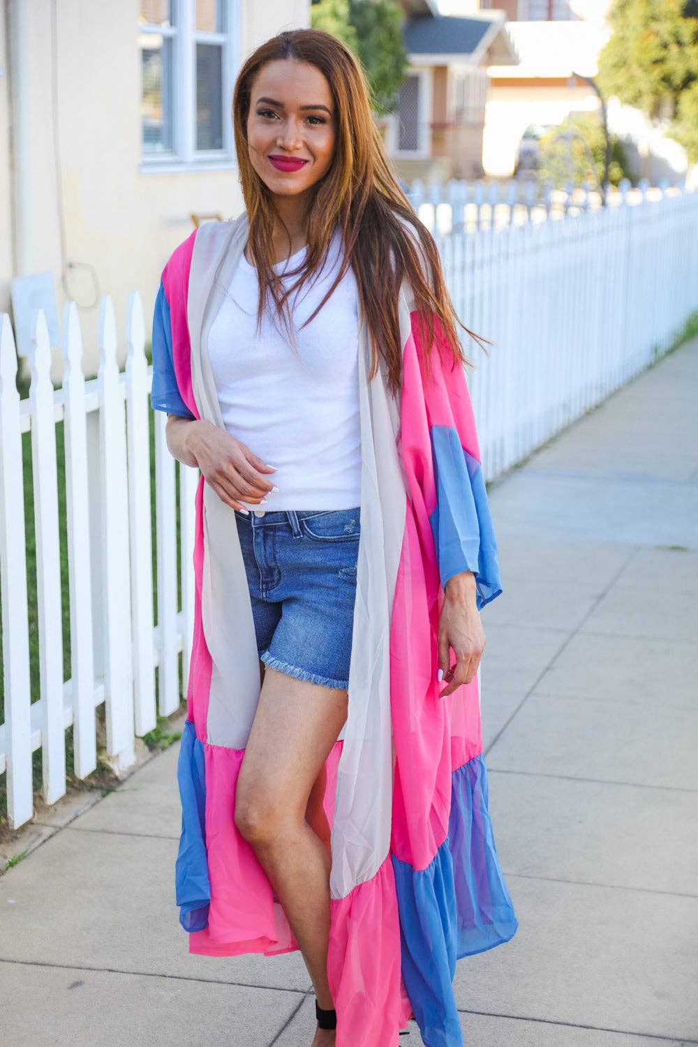 Taupe & Fuchsia Color Block Ruffle Hem Kimono