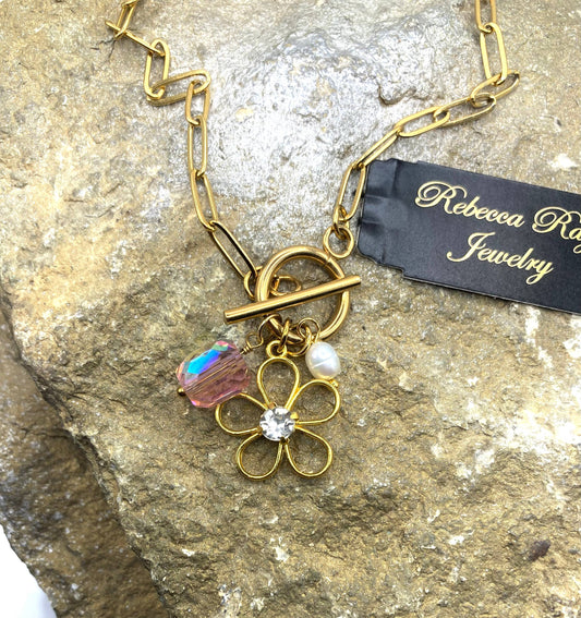 Boho Gold Floral Charm Toggle Necklace