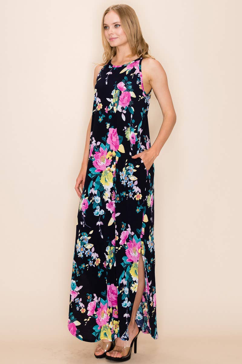 Women's Plus Navy/Yellow Floral Summer Sleeveless Maxi Dress