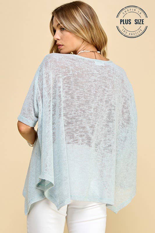 Plus Size Solid Sheer Dolman Short Sleeve Pancho, Light Blue