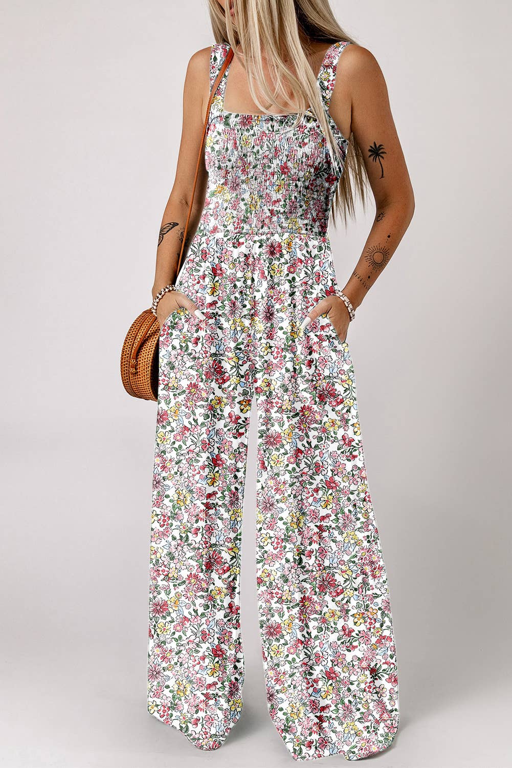 Floral Print Smocked High Waist Square Neck Jumpsuit