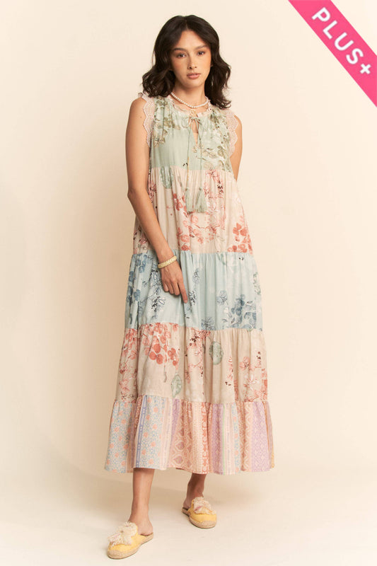 PLUS FLORAL MIXED BLOCK EDGE DETAIL MAXI DRESS