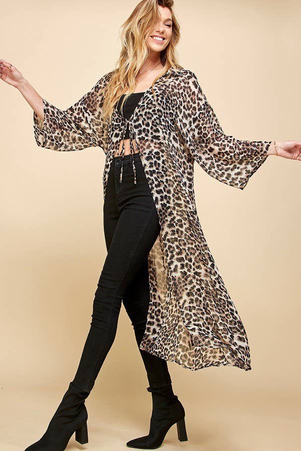 Women's Cheetah Animal Print Drawstring Long Kimono, Brown