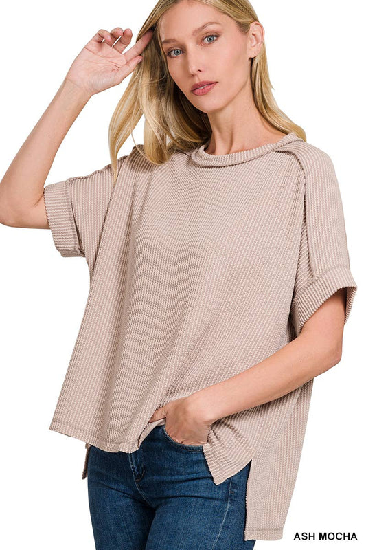 Corded Rib Short Cuff Sleeve Raw Edge Top