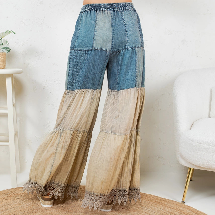 Boho-Inspired Long Denim Pants with Solid Patch