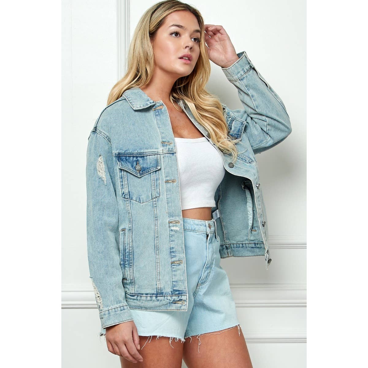 Plus Size Oversize Medium Wash Ripped Denim Jacket