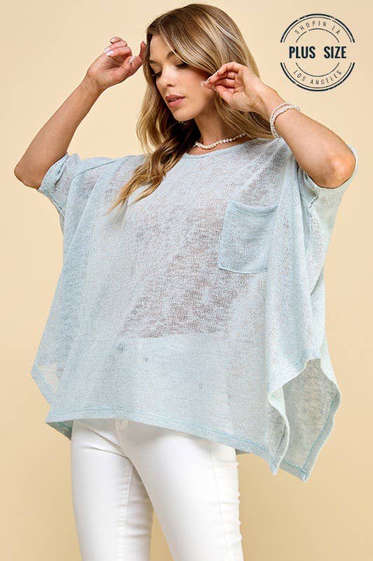 Plus Size Solid Sheer Dolman Short Sleeve Pancho, Light Blue