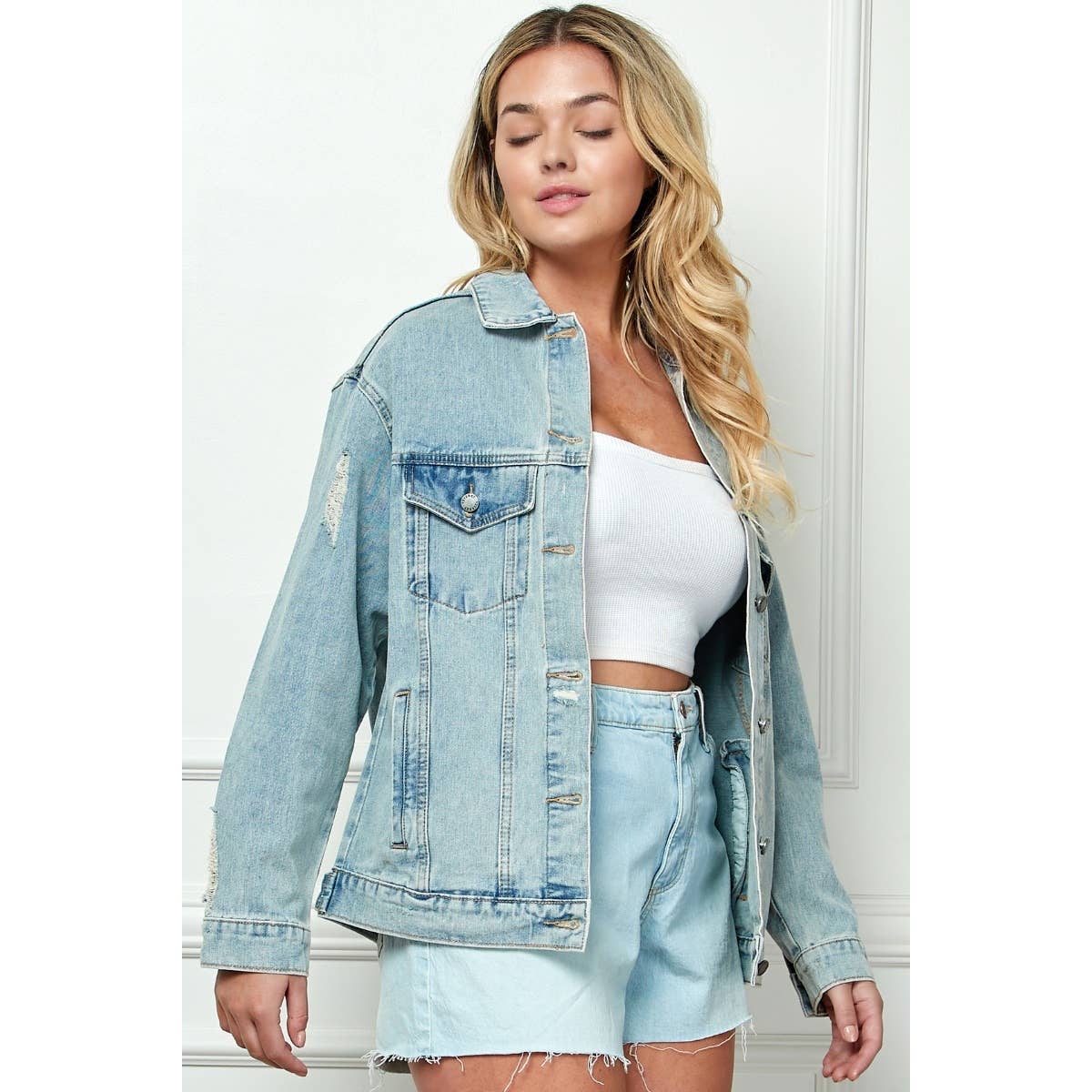 Plus Size Oversize Medium Wash Ripped Denim Jacket