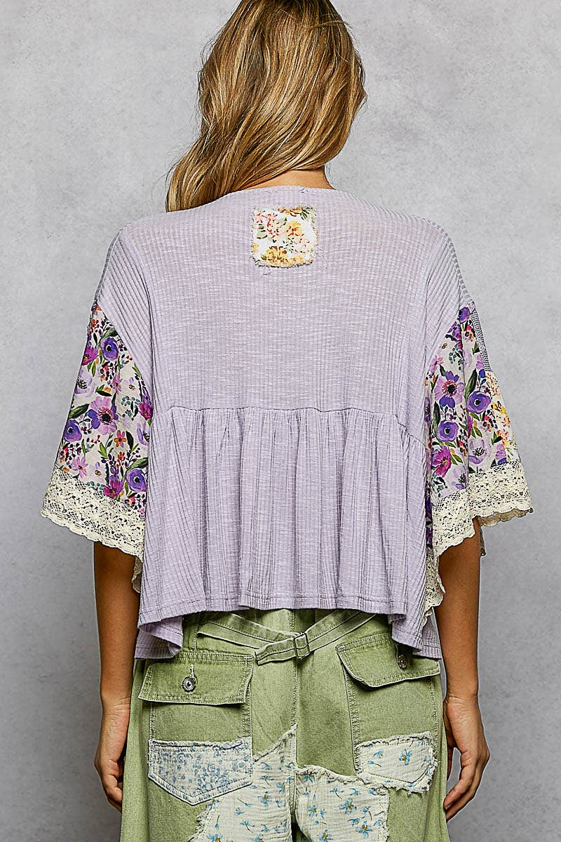 Rib Floral Pattern Round Neck Short Sleeve Top
