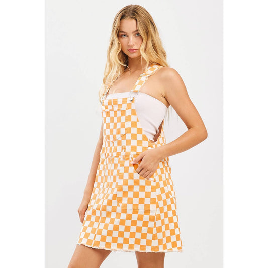 GAME DAY CHECKERED BIB OVERALL MINI DRESS