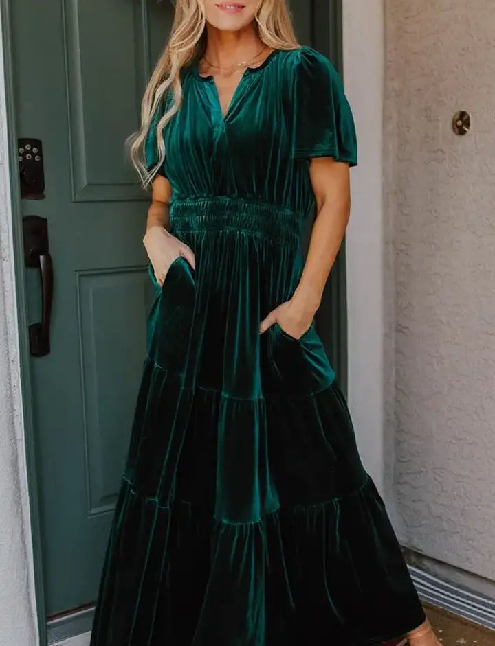 Velvet Short Sleeve Shirred Waist Tiered Maxi Dress