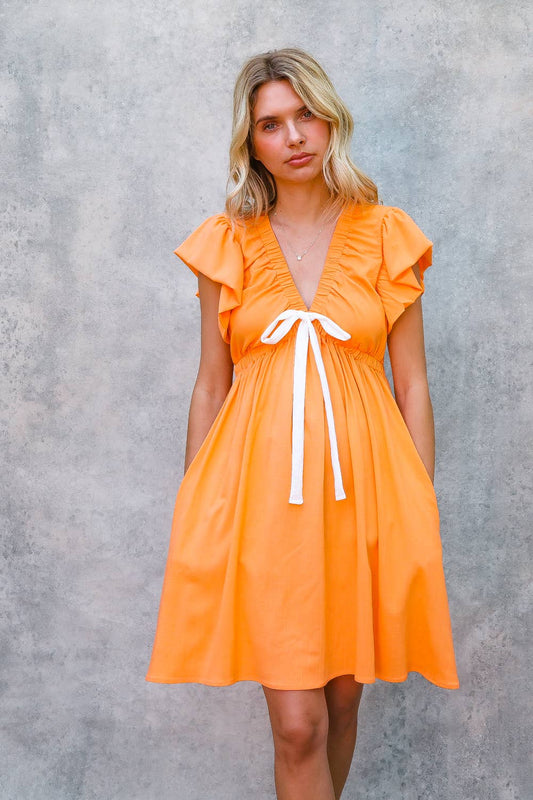 GAME DAY GATHERED BAND V NECK BABYDOLL SOLID WOVEN DRESS