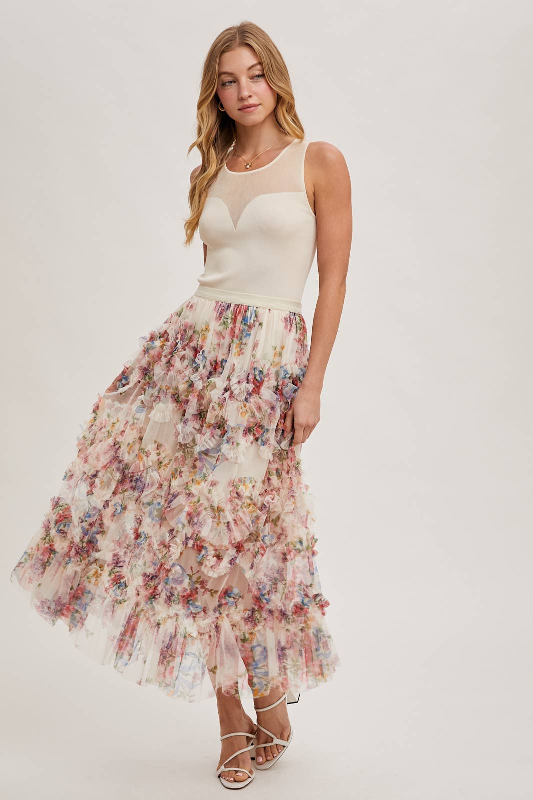 FLORAL RUFFLED MESH MIDI SKIRT