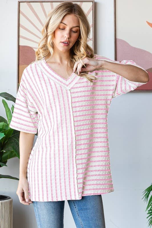 SHORT SLEEVE JACQUARD STRIPE V NECK TOP