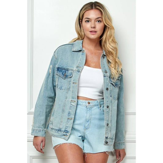 Plus Size Oversize Medium Wash Ripped Denim Jacket