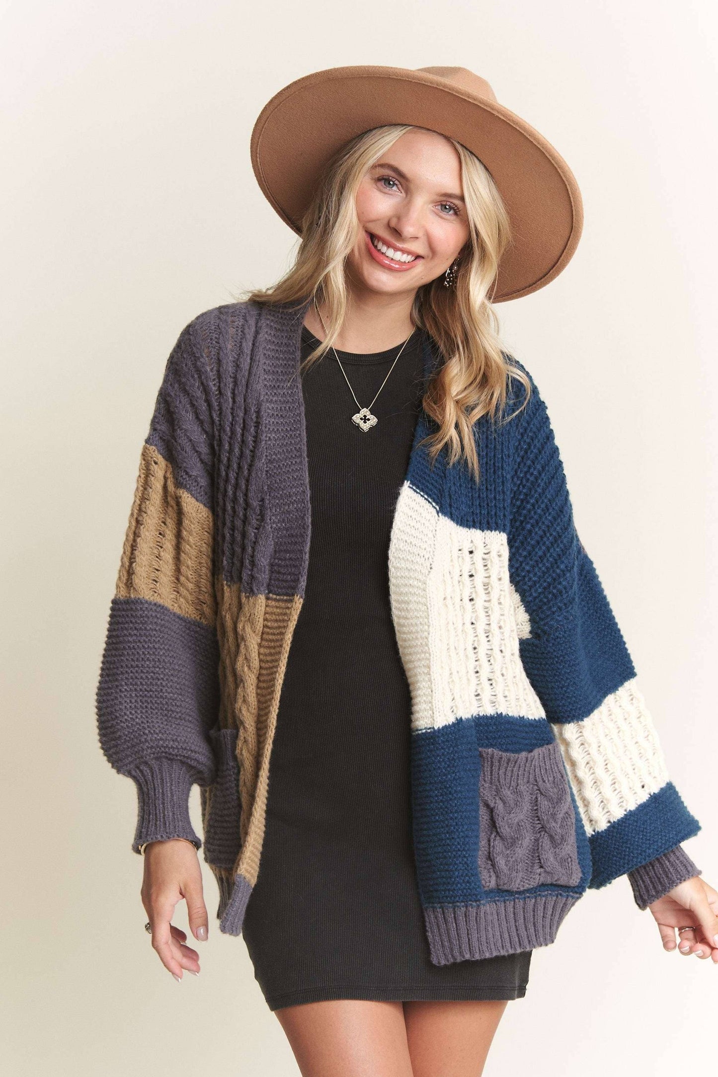 Puff Sleeves Colorblock Sweater Cardigan