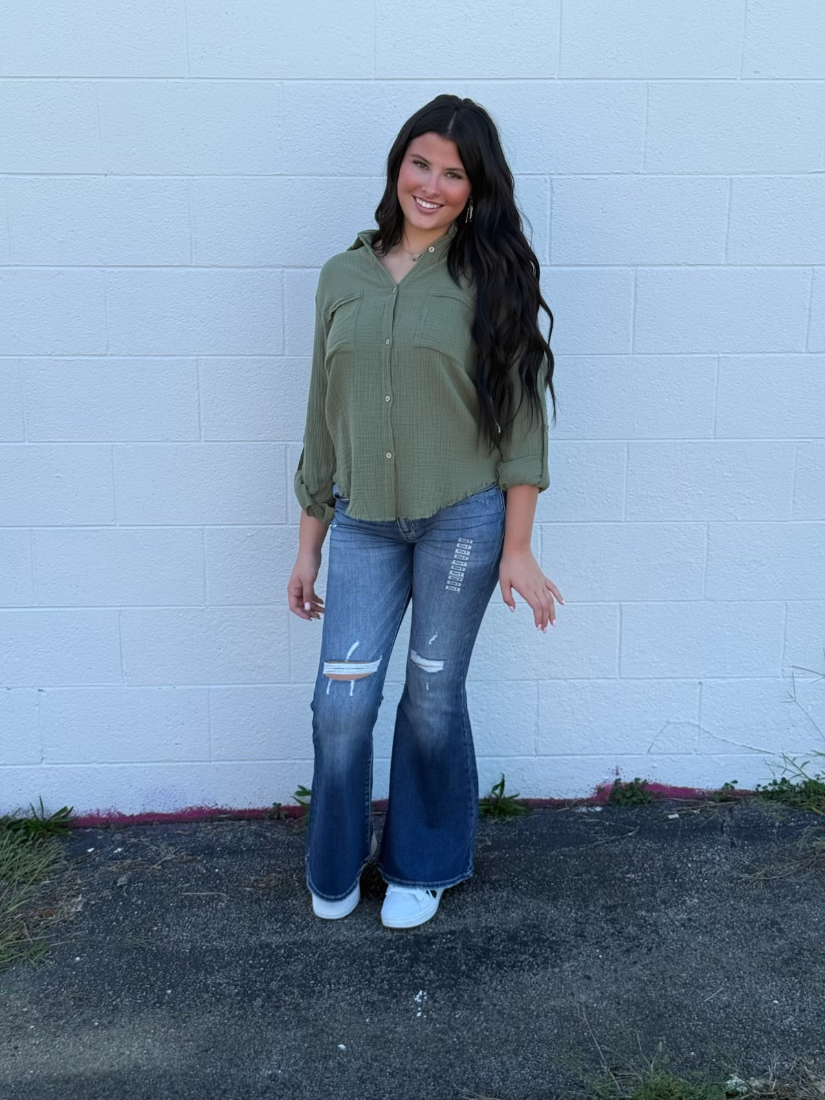 DOUBLE GAUZE BUTTON DOWN ROLL-UP LONG SLEEVE SHIRT